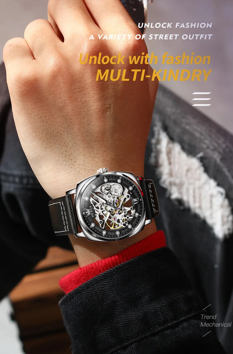 OLEVS 6651 Men's Watch Classic Automatic Mechanical Watch For Men Hollow Skeleton Clock Luxury Leather Waterproof Wrist Watches