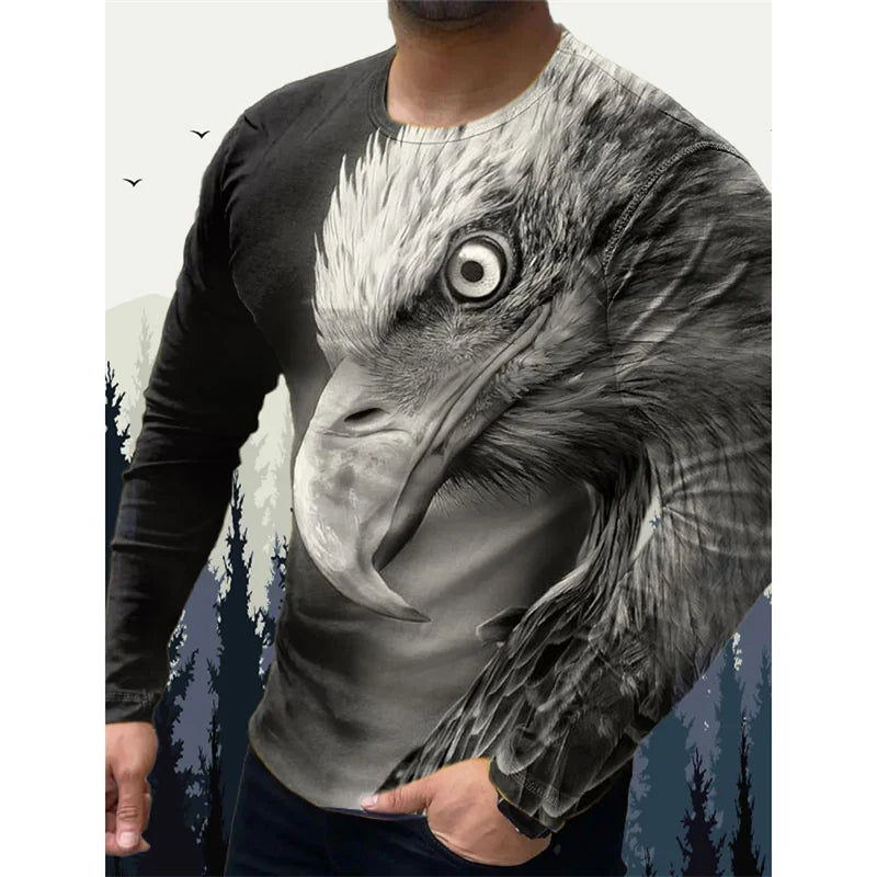 T-shirt pour homme « Wolf Eagle » imprimé en 3D, motif animalier vintage, printemps-automne, manches longues, col rond, coupe ample, style urbain