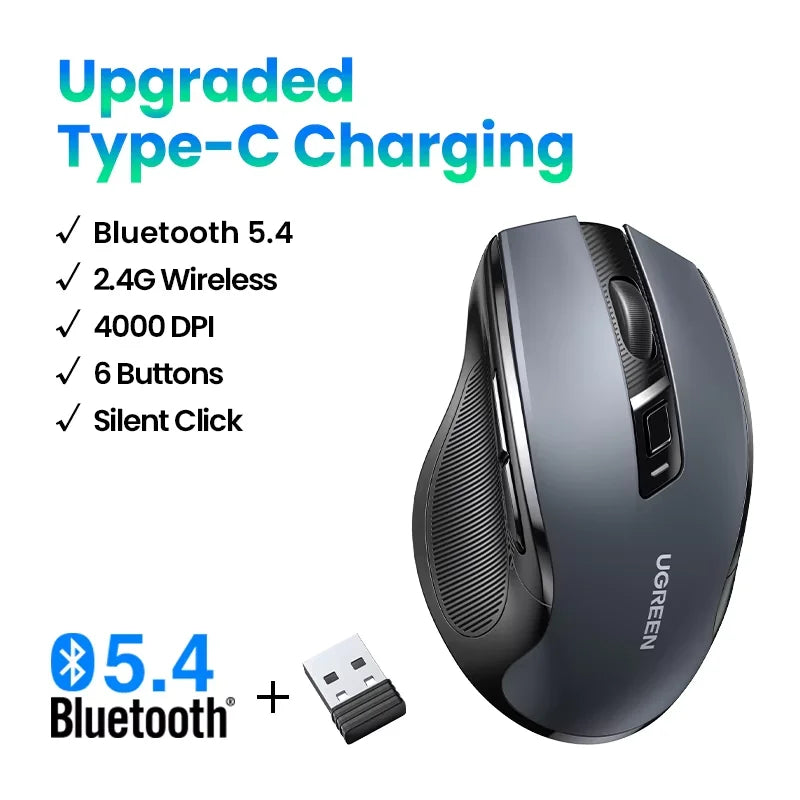 UGREEN belaidė pelė Bluetooth5.0, ergonomiška 4000DPI pelė su 6 tyliais mygtukais, skirta MacBook, planšetėms, nešiojamiesiems kompiuteriams, kompiuteriams ir PC, 2.4G pelė