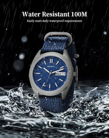 BERNY Titanium Watches for Men Date Week Calendar Sapphire Quartz Watch 38mm Super Luminous Men's Wristwatch 10ATM Lightweight
