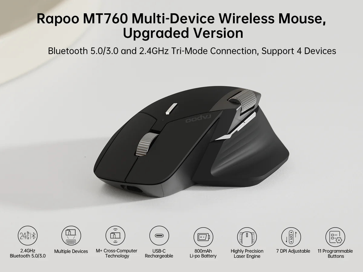 Bezprzewodowa, ergonomiczna mysz Rapoo MT760L/MT760M Multi-mode, akumulatorowa, 4000 DPI, obsługa do 4 urządzeń, Bluetooth