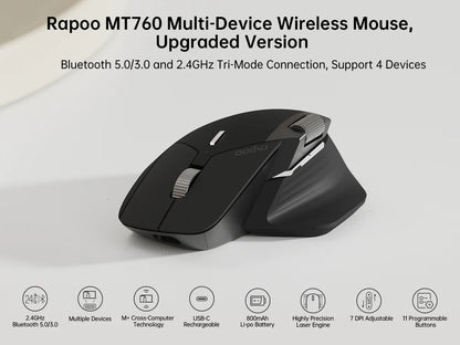 Bezprzewodowa, ergonomiczna mysz Rapoo MT760L/MT760M Multi-mode, akumulatorowa, 4000 DPI, obsługa do 4 urządzeń, Bluetooth