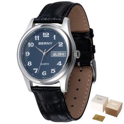 BERNY Quartz Watch for Men Miyota 2405 Business Male Wristwatch Day Top Calendar Genuine Leather Classic Men Watches Waterproof