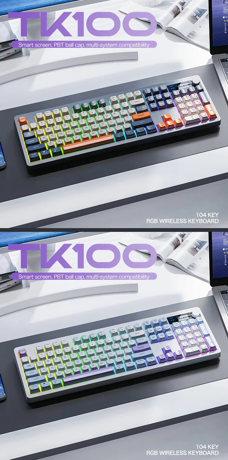 Xunfox TK100 Bluetooth Wireless Dual-Mode Keyboard Desktop Laptop Office E-Sports Gaming RGB Light Effect Charging Robot Feel