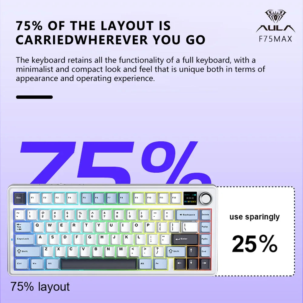 AULA F75 MAX Gaming Mechanical Keyboard 75% Wired/Bluetooth/2.4G Hot-Swap RGB E-sports Keyboard with TFT Screen for PC/Mac