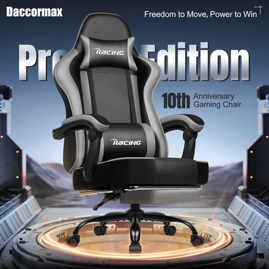 Daccormax Ergonomic Gaming Chair with Footrest, 170° Reclining PU Leather Racing Chair with Lumbar Support, Headrest & Office Comfort
