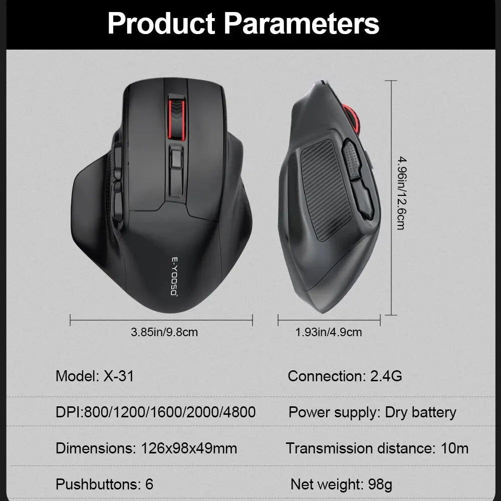 E-YOOSO X-31 Wireless Gaming Mouse 2.4G USB 4800 DPI Ergonomic Gaming Mouse for Large Hands, 5-Button Optical Mouse for PC & Laptop