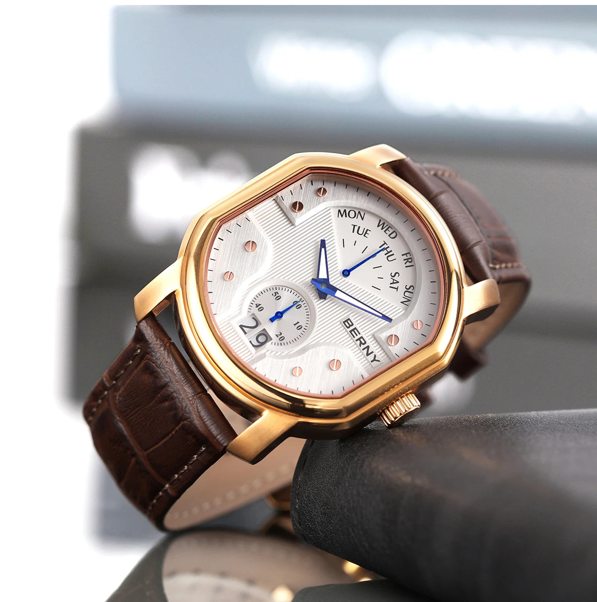 BERNY Tonneau Classic Men's Watch Quartz Luxury Top Watches Ronda 7004N Day Stainless Steel Sapphire Pendulum Dial Watch for Men