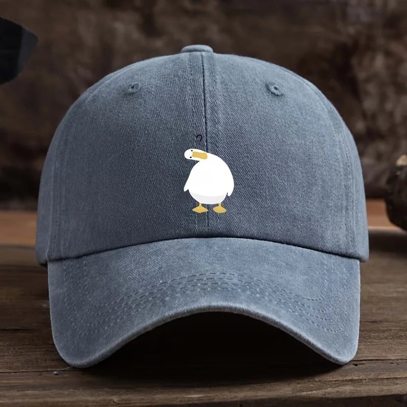 Cute duck print baseball cap with adjustable snap button, breathable fabric, outdoor casual headpiece