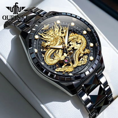 Reloj para hombre OUPINKE de marca de lujo, oro y acero de tungsteno, original, automático mecánico, con esfera decorada con motivo de dragón