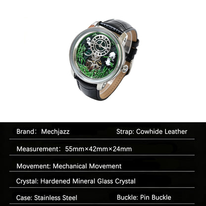 MechJazz Luxury Artisan Panda Dial Mechanical Watch, Skeleton Automatic Movement, Cowhide Leather Strap, Men's Wristwatch