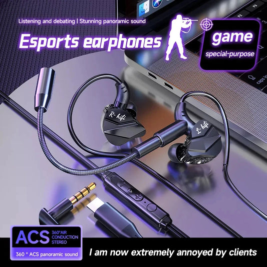 Gaming Earbuds with Dual Microphones, HiFi Stereo Gaming Headset Type-C & 3.5mm Wired In-Ear Earphones, Noise Reduction Gamer Headphones with Mic for Samsung