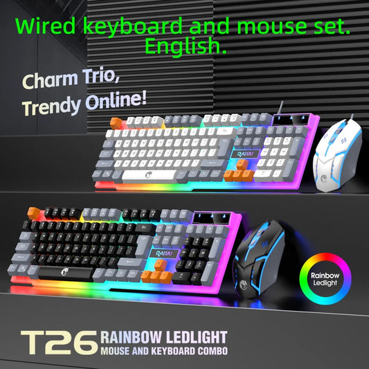 Rainbow LED Backlit Wired Gaming Keyboard And Mouse Combo with 104 Keys 3D Scroll Wheel 1600 DPI USB Interface Ergonomic PC Game