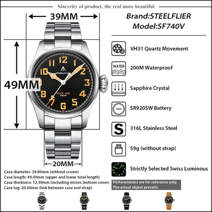 STEELFLIER Official SF740V New Quartz Pilot Series Swiss C3 Luminous 200M Waterproof VH31 Movement Men's Fashion Business Watch