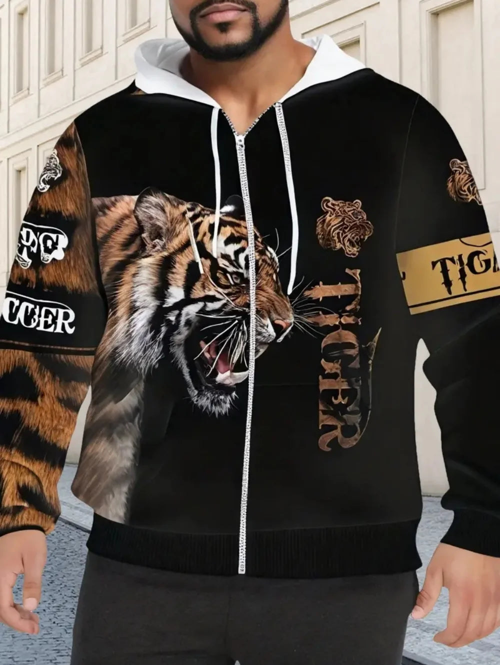 2025 Mens Long Sleeve Zip up Tiger Graphic Hoodie Casual Outdoor Fashion Coat with Drawstring and Pockets Zipup Hoodie for Man