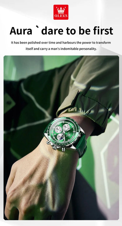 OLEVS Men's Watches Fashion Sports Green Watch For Men Multifunctional Quartz Wristwatches Men Waterproof Leather reloj hombre