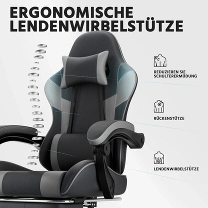 Black-Grey Ergonomic Gaming Chair, Lumbar Support, Breathable PU Leather, Adjustable Height & Backrest, 200kg for Office & PC