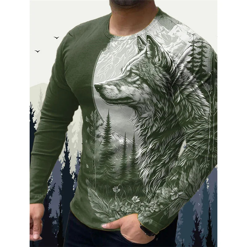 T-shirt pour homme « Wolf Eagle » imprimé en 3D, motif animalier vintage, printemps-automne, manches longues, col rond, coupe ample, style urbain
