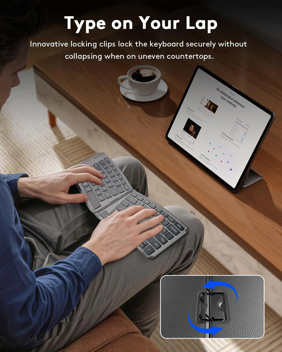 Ergonomic Foldable Bluetooth Keyboard, Split Compact Portable Keyboard for Business Travel, Folding Rechargeable Wireless Keyboard