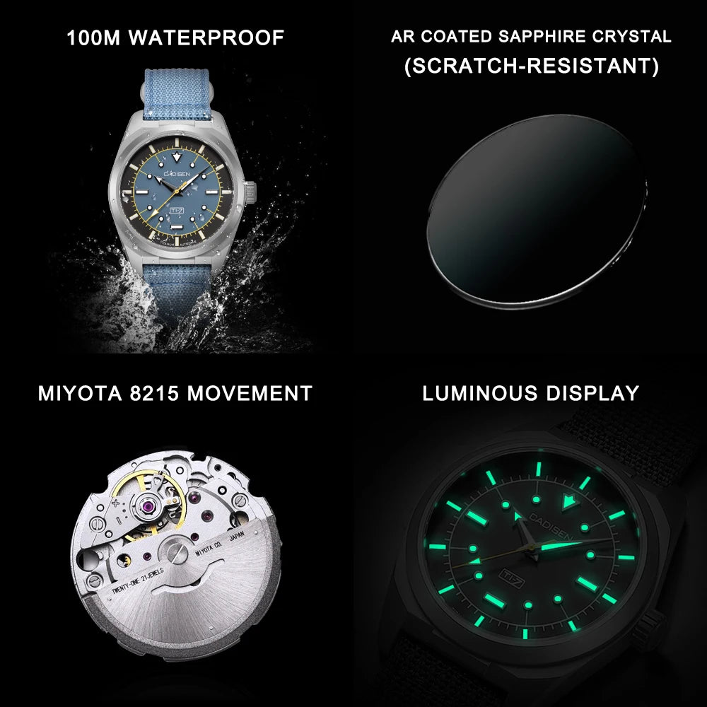 CADISEN TI-7 Autodyne Titanium steel Automatic Mechanical Canvas Wristwatch MIYOTA 8215 Luminous Sapphire Waterproof Man Watches