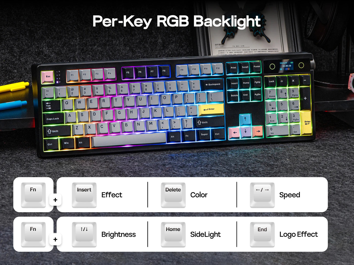 EPOMAKER TH108 PRO 100% Full-Sized Hot-Swap Wired/BT/2.4Ghz Wireless Mechanical Keyboard with Screen & Knob 10000mAh Battery