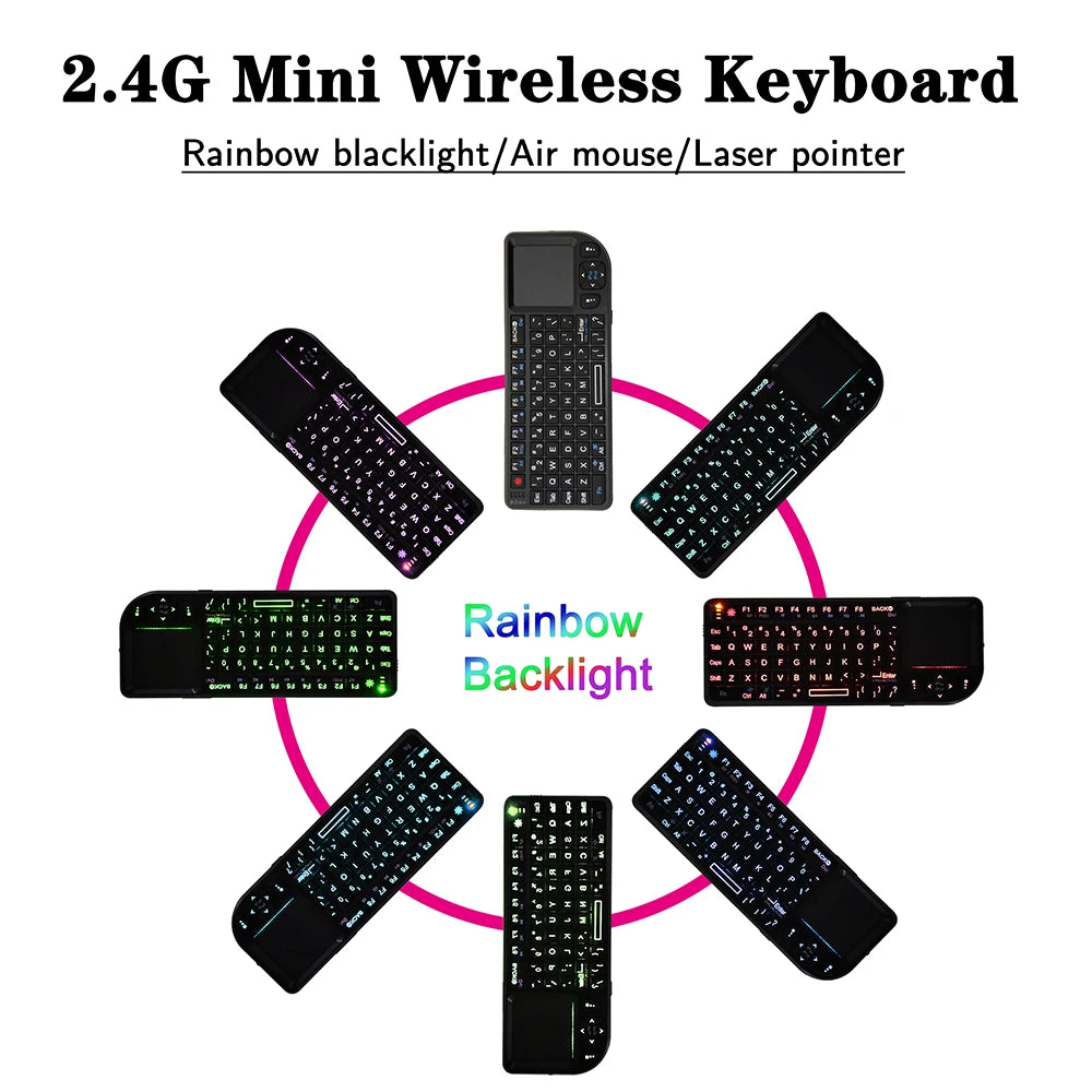 A8 Mini Wireless Keyboard 2.4G 7 Color Backlit 3 in 1 Handheld Keyboard with Touchpad Air Mouse for Android TV Box PC Tablet