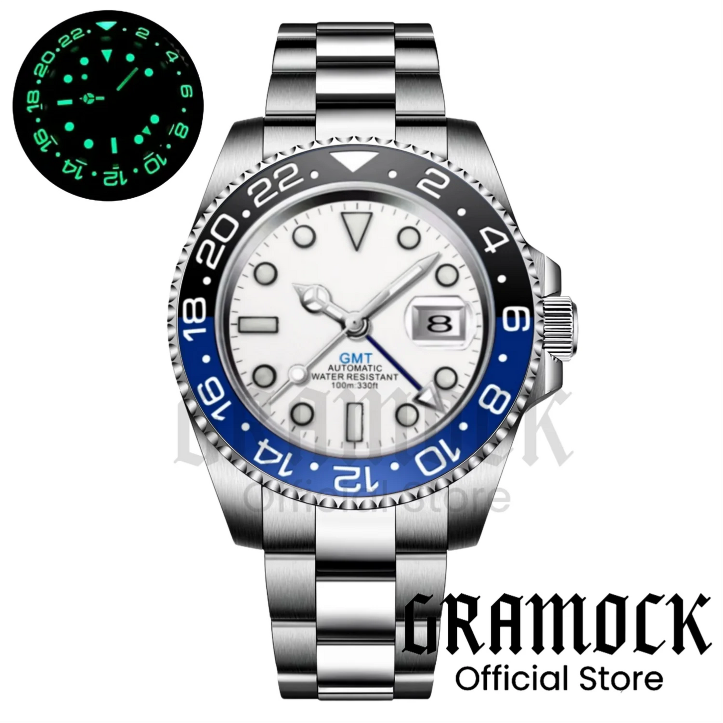 Gramock White Dial Blue GMT 40MM Watch For Men Roating Bezel Sapphire Glass Waterproof Reloj Hombre NH34A Mechanical Wristwatch