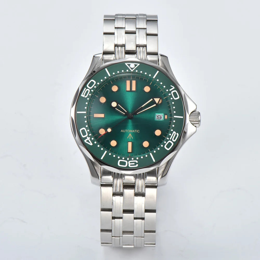 Parnsrpe Nouvelle montre de plongée automatique Miyota 8215 pour homme, sport de luxe, cadran vert, luminescent, verre saphir, date, étanche, bus