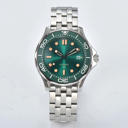 Parnsrpe Nouvelle montre de plongée automatique Miyota 8215 pour homme, sport de luxe, cadran vert, luminescent, verre saphir, date, étanche, bus
