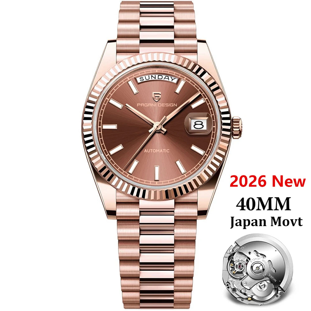 PAGANI DESIGN 2026 New Rose Gold Blue DD40 Luxury Automatic Watch Men Mechanical Wristwatch Mens Sapphire glass Waterproof Watch