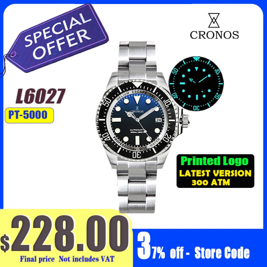 Cronos Automatic Diving Watch Stainless Steel 2000Meters Water Resistance Professional Diver PT5000 SW200 Miyota9015 90S5 L6027M