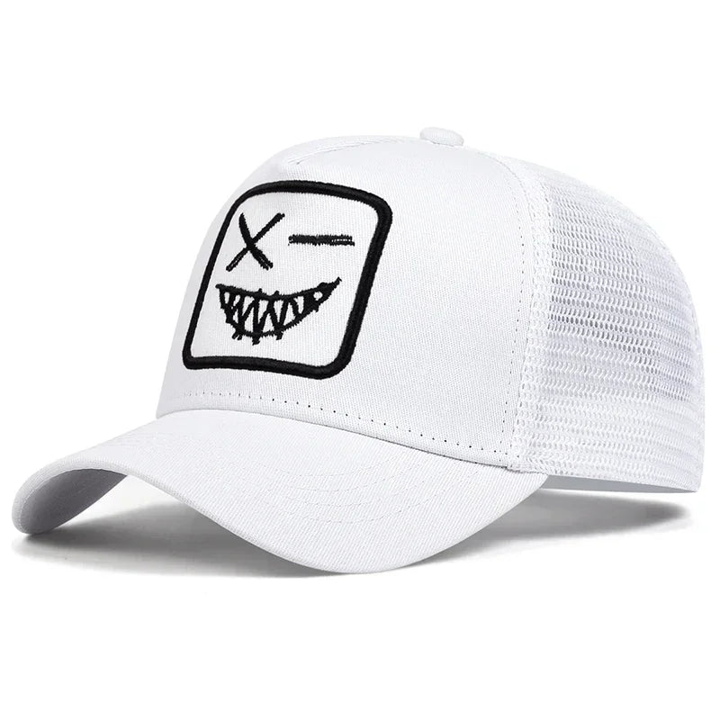 Unisex X Baseball-Netzkappen mit Stickerei eines lächelnden Gesichts und Zähnen – Sonnenhut für Frühling und Sommer, im Freien, mit Sonnenschutz, verstellbare Freizeit-Trucker-Kappen