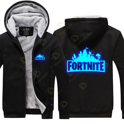 Winter Warm Fortnite Luminescent Hoodies Men Women Game Cosplay Sweatshirts Thick Fleece Zipper Couple Jacket&Coat