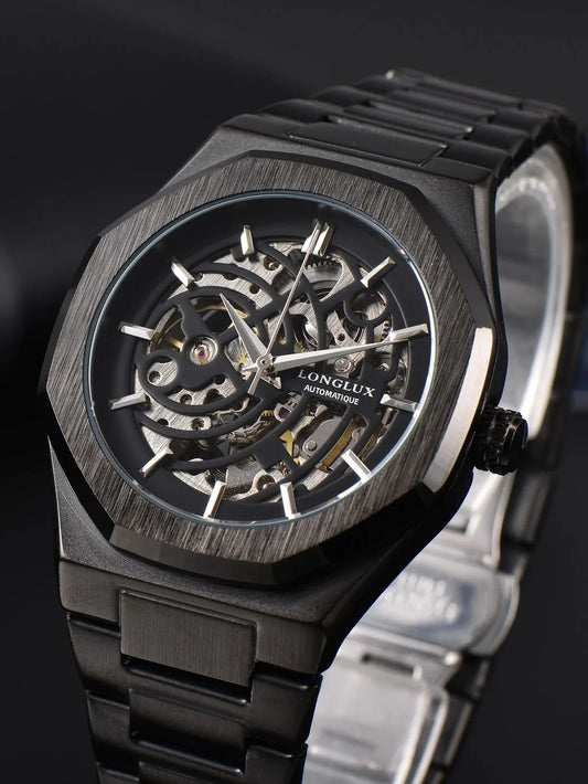 LONGLUX automatic watch business mechanical watches simple skeleton waterproof stainless steel cost effective mens watch gift