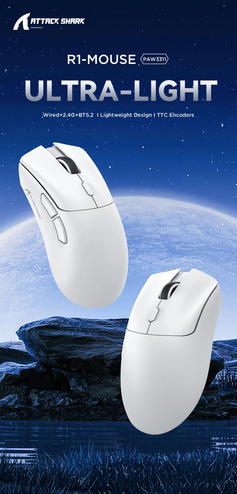 Attack Shark R1 Tri-Mode 2.4g-BT-Wired, PAW3311 18000DPI, 59g  Lightweight Gaming Mouse