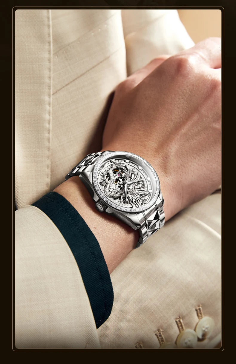 Reloj para hombre OUPINKE de marca de lujo, oro y acero de tungsteno, original, automático mecánico, con esfera decorada con motivo de dragón