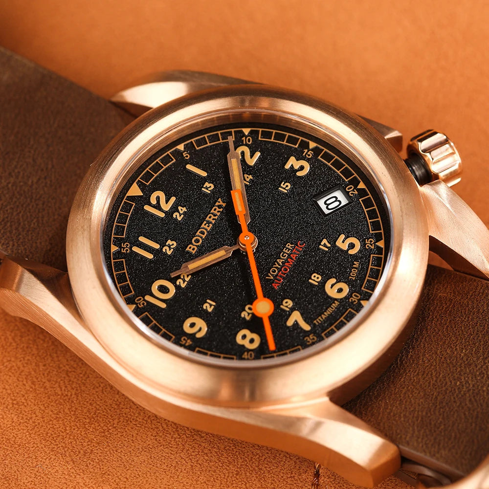 Relógio masculino Boderry Field Watches VOYAGER, caixa em bronze, mecânico automático, 100M impermeável, estilo militar, marca de topo