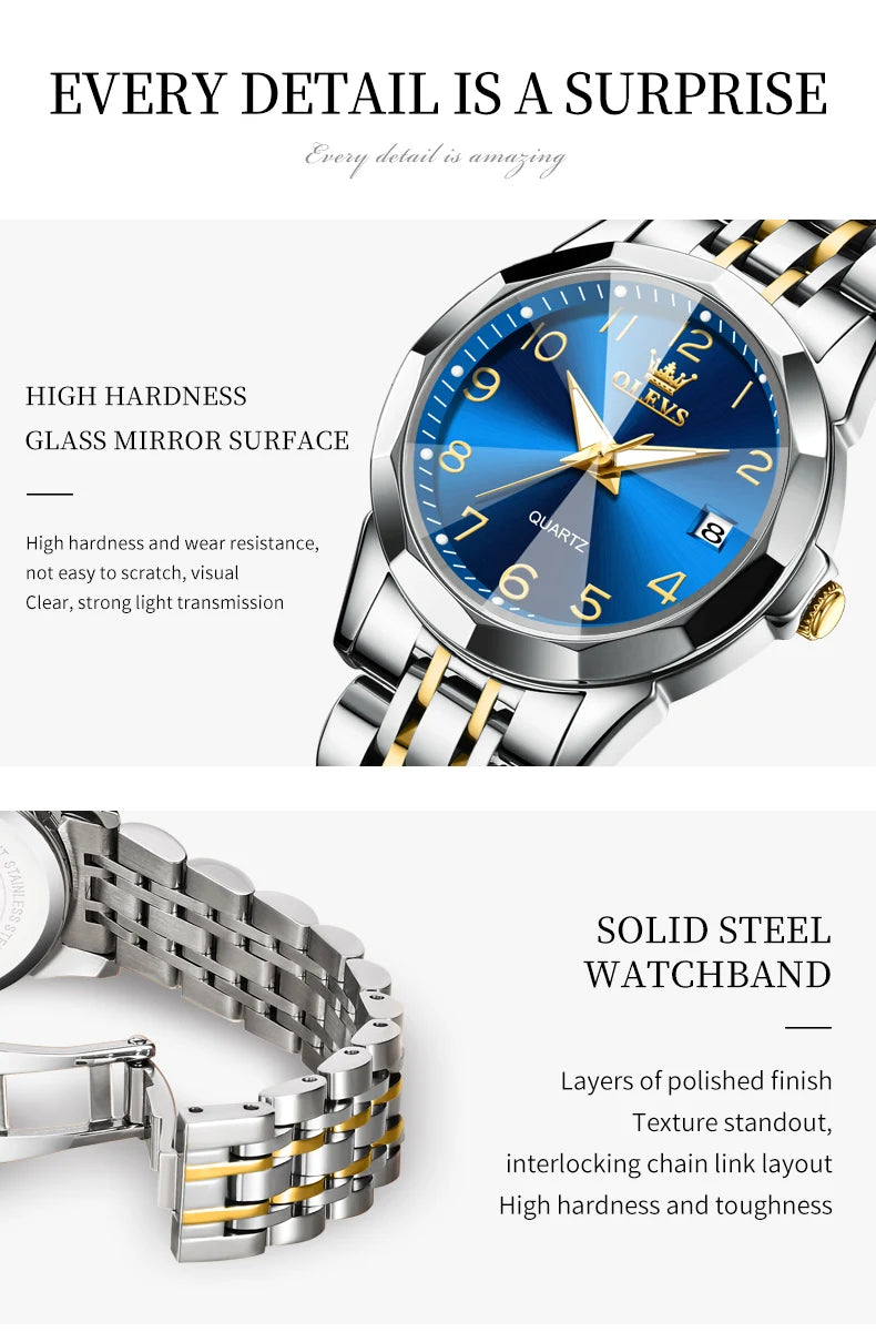 OLEVS 9970 Men Watch Original Brand Waterproof Luminous Quartz Watch Rhombus Mirror Stainless Steel Date-Day-Date Watch With Box