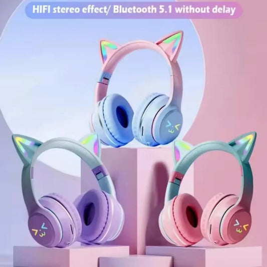 RGB Cat Ear Bluetooth Headphones Wireless Gaming Headset with Microphone, Cute LED Light Stereo Music Headphones for Kids Girls Gifts