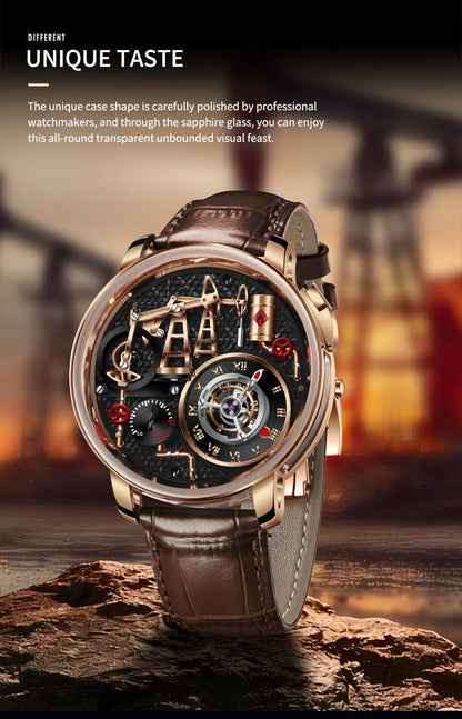 PINDU NEW TOP Quartz Watches Button oil Pump Business Men Wristwatches 45.5MM Sapphire Mirror Waterproof Leather Watch for Men