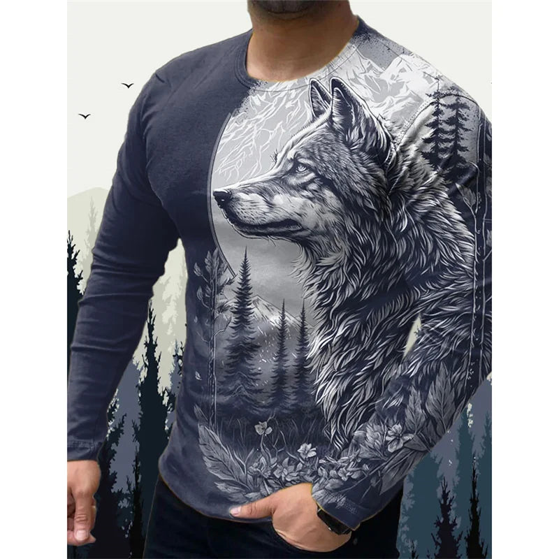T-shirt pour homme « Wolf Eagle » imprimé en 3D, motif animalier vintage, printemps-automne, manches longues, col rond, coupe ample, style urbain