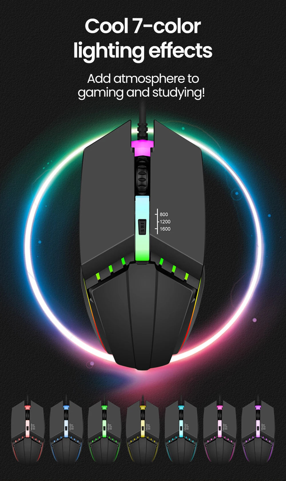 RGB bedrade muis met achtergrondverlichting, mute-knop en USB – bedrade USB-gamingmuis voor desktop-pc, notebook, computer, thuis en kantoor, met lichtgevende LED en 1600DPI