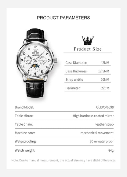 OLEVS 6698 Mens Watch Luxury Dress Brand Moon Phase Automatic Mechanical Watch For Men Leather  Waterproof Dual Calendar Watch