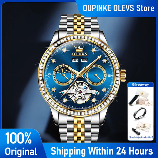 OLEVS 7016 Luxury Automatic Watch Men Skeleton Tourbillon Moon Phase Calendar Waterproof Stainless Steel Mechanical Wristwatch