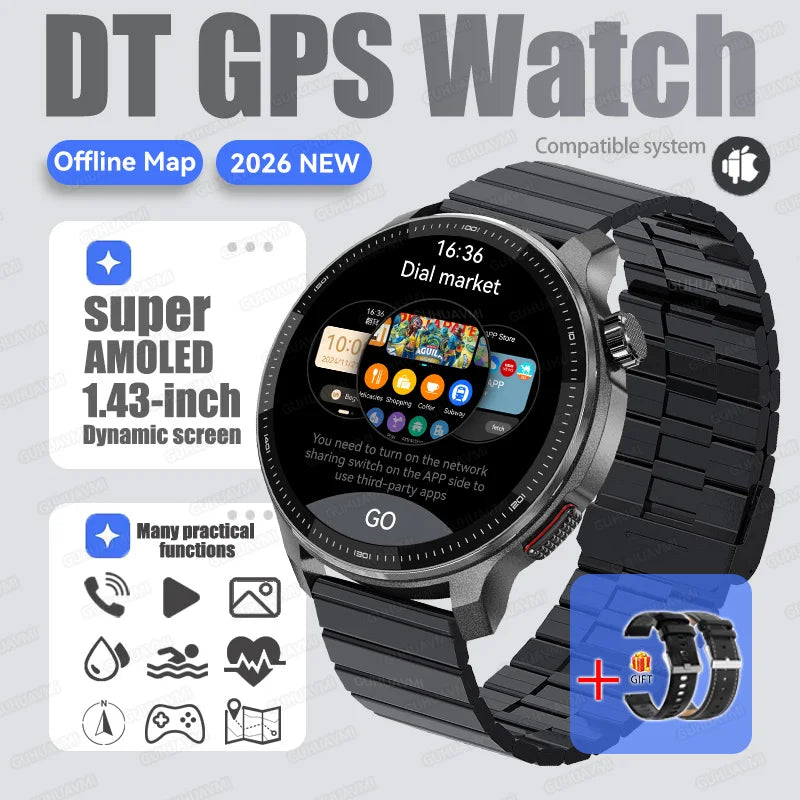 New GPS Offline Maps Smart Watch Men Memory 3D Menu Styles TWS MP3&MP4 Player 1.43"AMOLED Compass Sport Swim Waterproof Bracelet