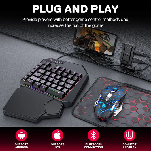 TF900 3-in-1 Mobile Gaming Keyboard Mouse Converter Combo, One-Hand Gaming Keyboard for PUBG Mobile, Wired Gaming Keyboard Mouse Converter Kit