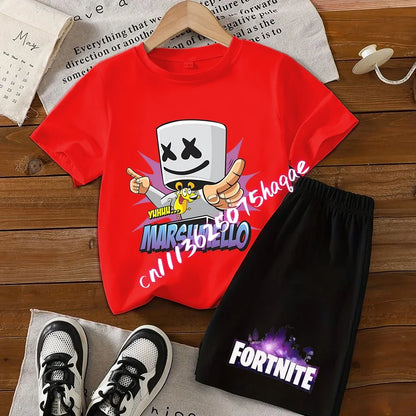 Σετ παιδικό Fortnite με T-shirt και σορτς, μπλουζάκι με εκτύπωση cartoon φιγούρας, καλοκαιρινό casual αθλητικό ένδυμα για αγόρια