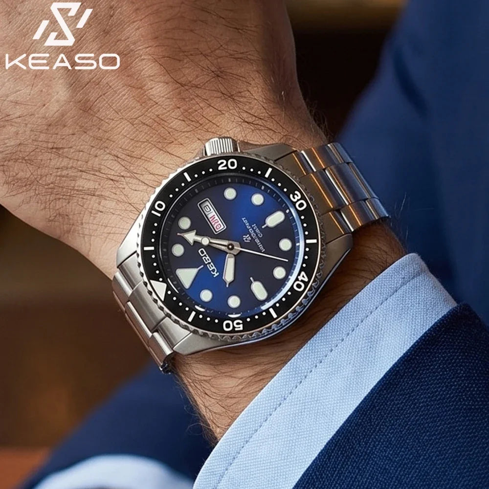 KEASO Top Men Dive Watch C3 Super Luminous 316L Solid Steel 20Bar Waterproof Sapphire Mirror MIYOTA 2035 Quartz Movement Watch