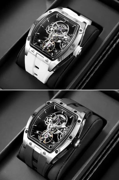 MEGIR Automatic Wristwatch Men Fashion Black Silicone Strap Wateproof Luminous Sport Mechanical Watch with Tonneau Dial 2242