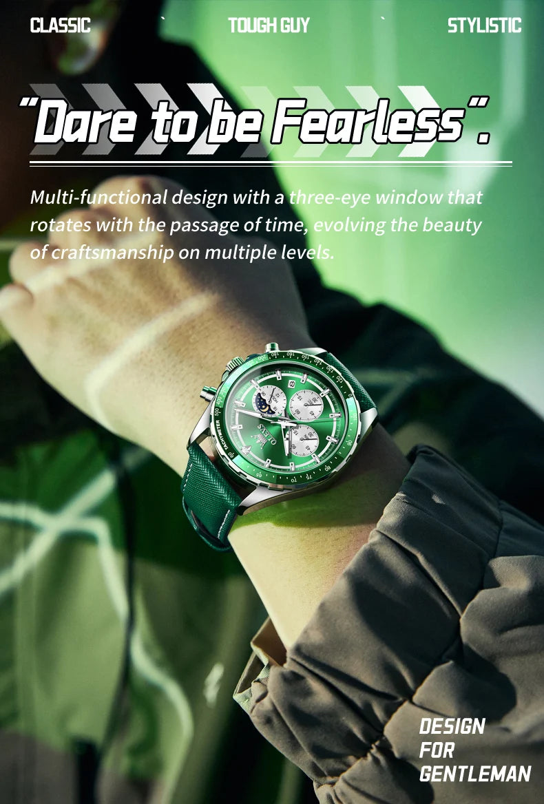 OLEVS Men's Watches Fashion Sports Green Watch For Men Multifunctional Quartz Wristwatches Men Waterproof Leather reloj hombre